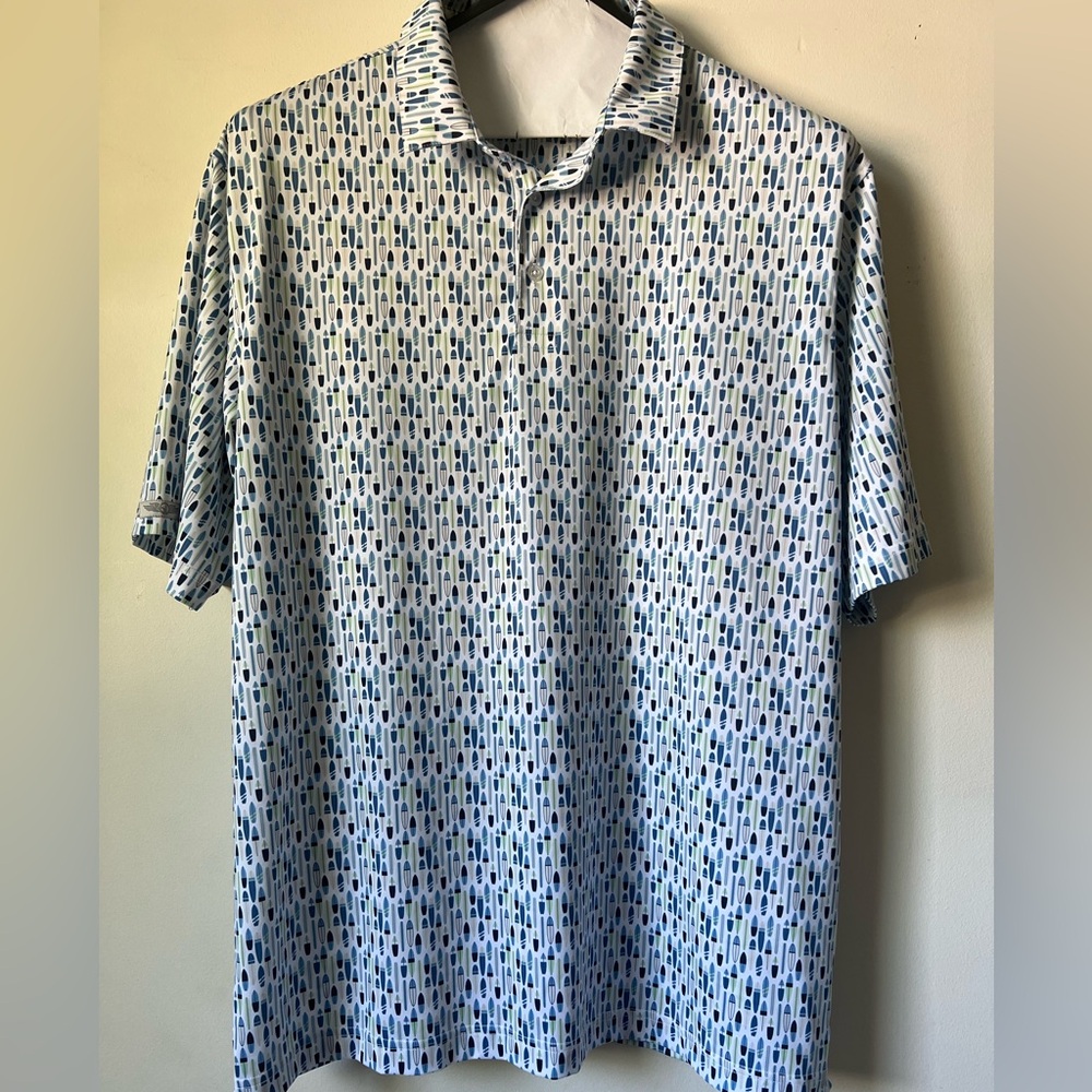 Straight Down Blue and White Performance Polo with Geometric Pattern